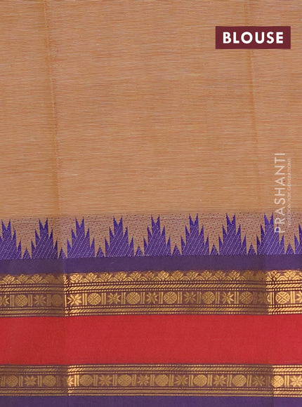 Chettinad cotton saree mustard yellow and blue with allover thread stripe pattern and long rettapet zari woven border