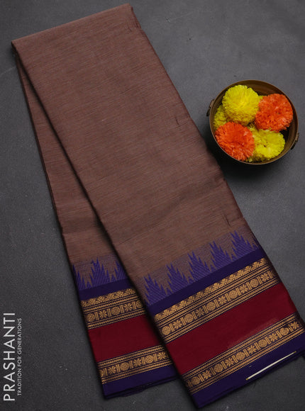 Chettinad cotton saree brown and violet with allover thread stripe pattern and long rettapet zari woven border