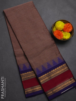 Chettinad cotton saree brown and violet with allover thread stripe pattern and long rettapet zari woven border