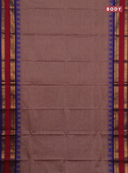 Chettinad cotton saree brown and violet with allover thread stripe pattern and long rettapet zari woven border