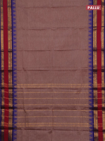 Chettinad cotton saree brown and violet with allover thread stripe pattern and long rettapet zari woven border