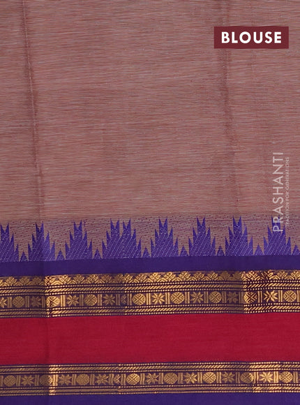 Chettinad cotton saree brown and violet with allover thread stripe pattern and long rettapet zari woven border
