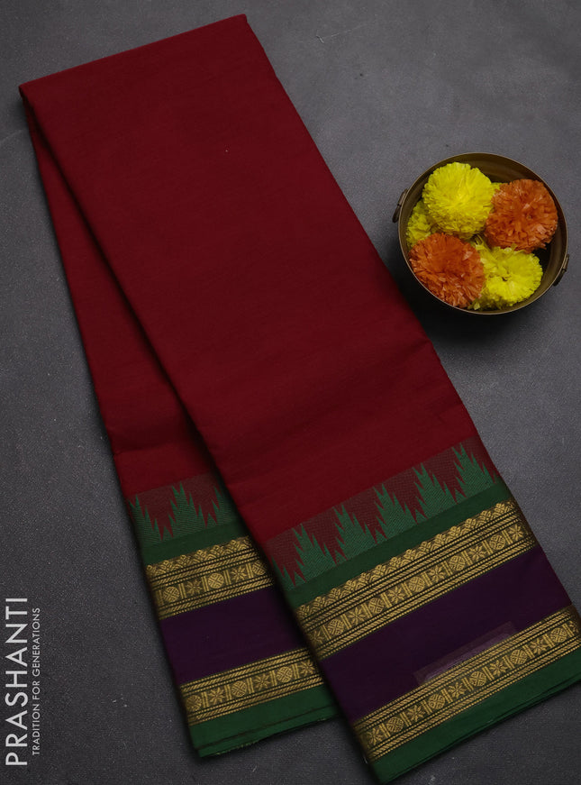 Chettinad cotton saree maroon and green with plain body and long rettapet zari woven border