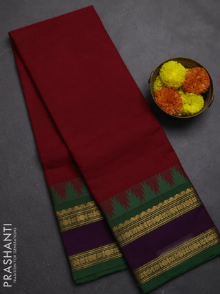 Chettinad cotton saree maroon and green with plain body and long rettapet zari woven border