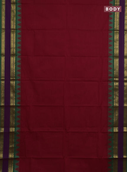 Chettinad cotton saree maroon and green with plain body and long rettapet zari woven border