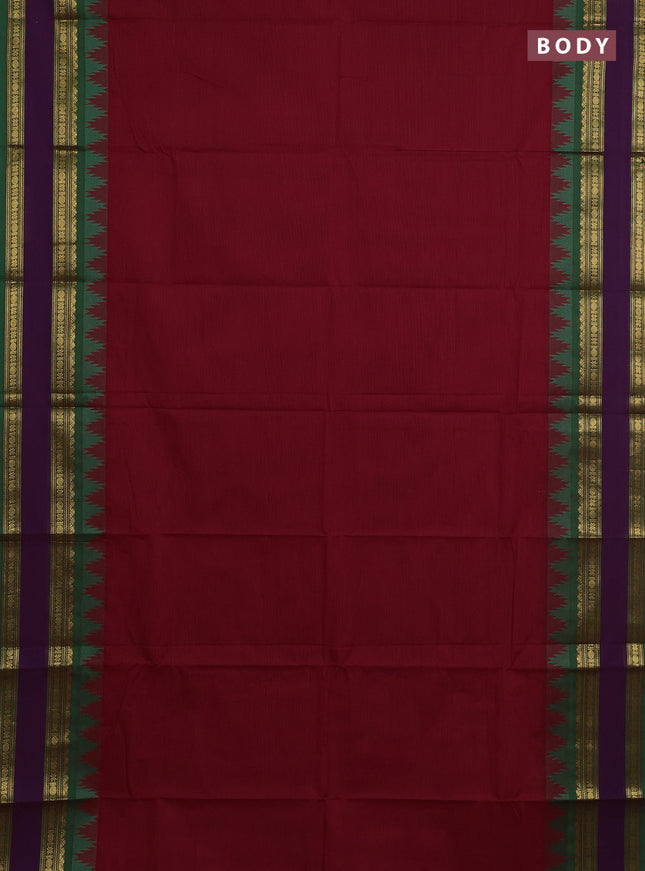 Chettinad cotton saree maroon and green with plain body and long rettapet zari woven border