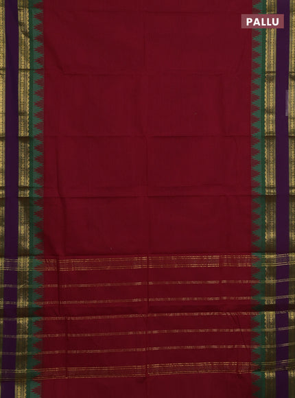 Chettinad cotton saree maroon and green with plain body and long rettapet zari woven border