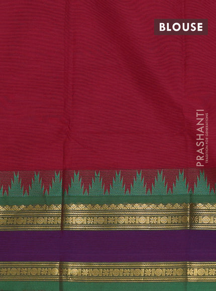 Chettinad cotton saree maroon and green with plain body and long rettapet zari woven border