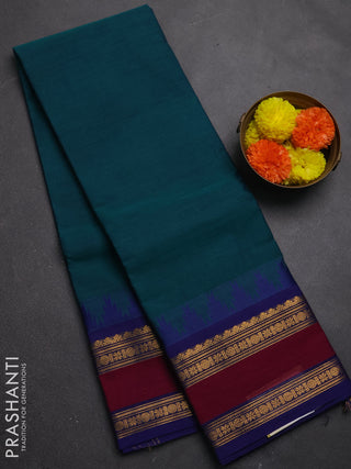 Chettinad cotton saree peacock green and navy blue with plain body and long rettapet zari woven border