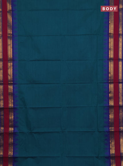 Chettinad cotton saree peacock green and navy blue with plain body and long rettapet zari woven border