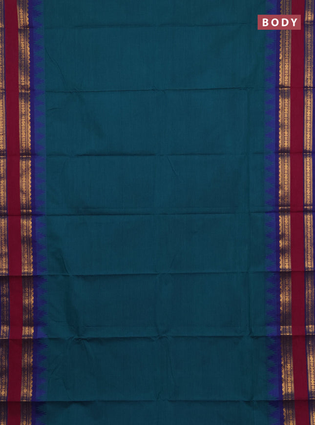 Chettinad cotton saree peacock green and navy blue with plain body and long rettapet zari woven border