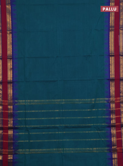 Chettinad cotton saree peacock green and navy blue with plain body and long rettapet zari woven border