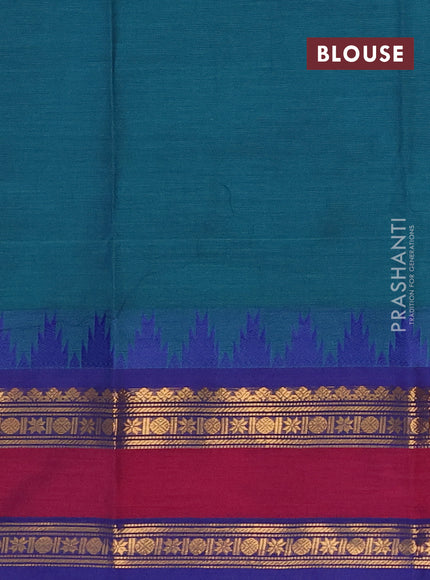 Chettinad cotton saree peacock green and navy blue with plain body and long rettapet zari woven border
