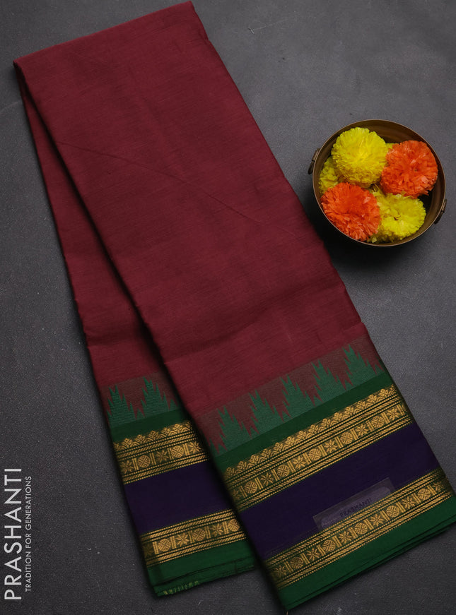 Chettinad cotton saree pastel maroon and green with plain body and long rettapet zari woven border