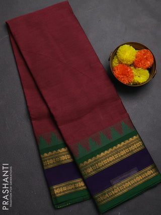 Chettinad cotton saree pastel maroon and green with plain body and long rettapet zari woven border