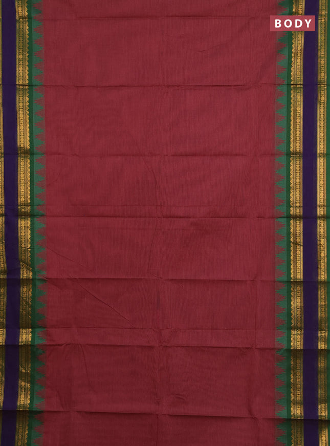 Chettinad cotton saree pastel maroon and green with plain body and long rettapet zari woven border
