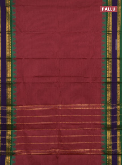 Chettinad cotton saree pastel maroon and green with plain body and long rettapet zari woven border