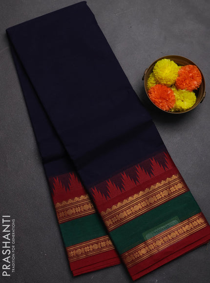 Chettinad cotton saree navy blue and maroon with plain body and long rettapet zari woven border