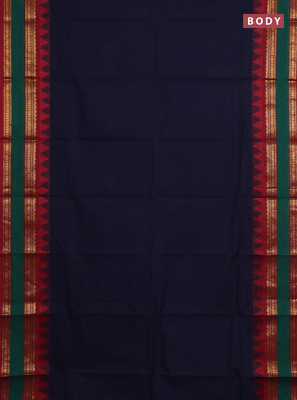 Chettinad cotton saree navy blue and maroon with plain body and long rettapet zari woven border