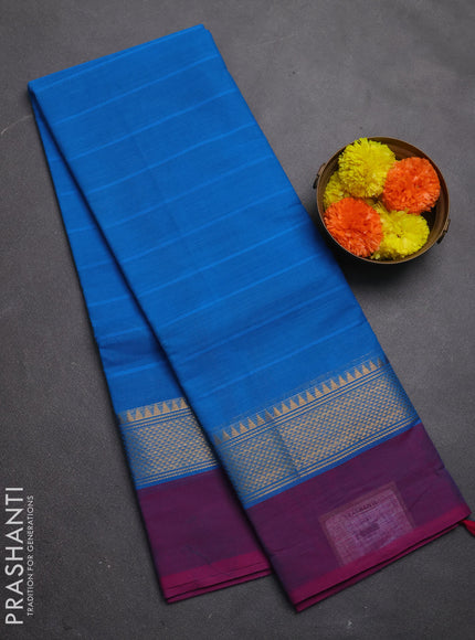 Chettinad cotton saree cs blue and magenta pink with allover stripe pattern and zari woven simple border
