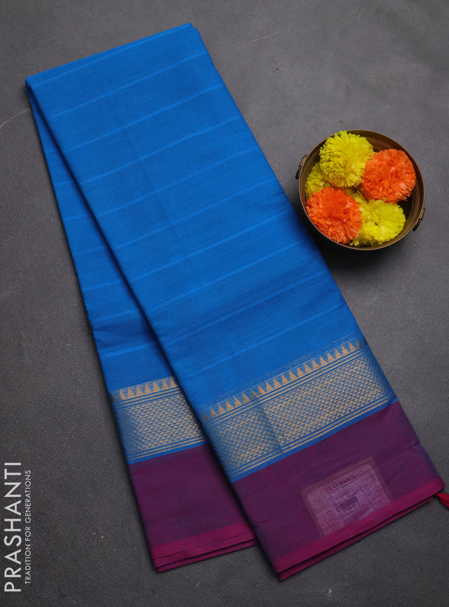 Chettinad cotton saree cs blue and magenta pink with allover stripe pattern and zari woven simple border