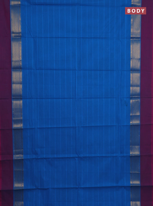 Chettinad cotton saree cs blue and magenta pink with allover stripe pattern and zari woven simple border