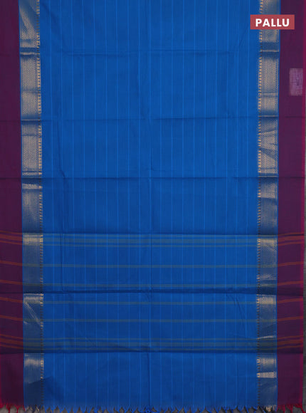 Chettinad cotton saree cs blue and magenta pink with allover stripe pattern and zari woven simple border