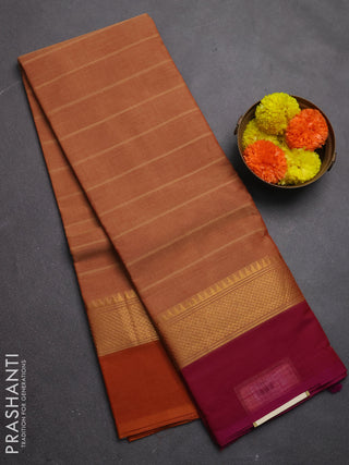 Chettinad cotton saree rust shade with allover stripe pattern and ganga jamuna border