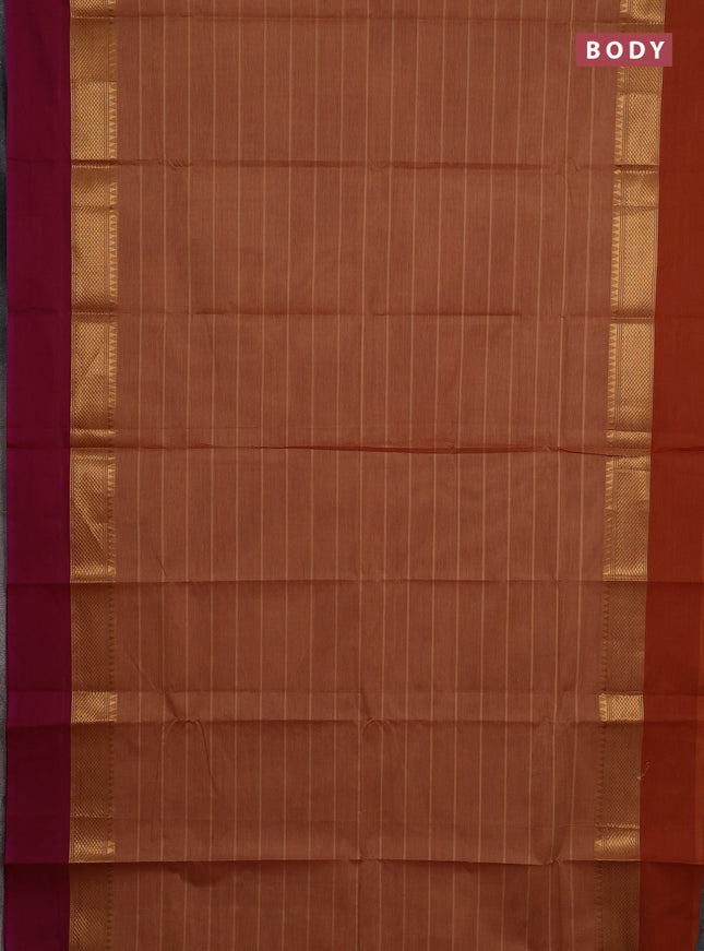 Chettinad cotton saree rust shade with allover stripe pattern and ganga jamuna border