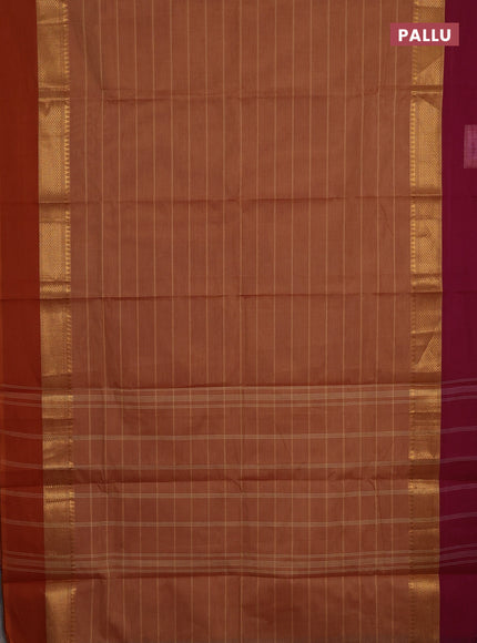 Chettinad cotton saree rust shade with allover stripe pattern and ganga jamuna border