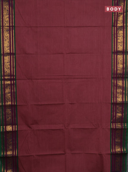 Chettinad cotton saree pastel maroon and green with plain body and zari woven border