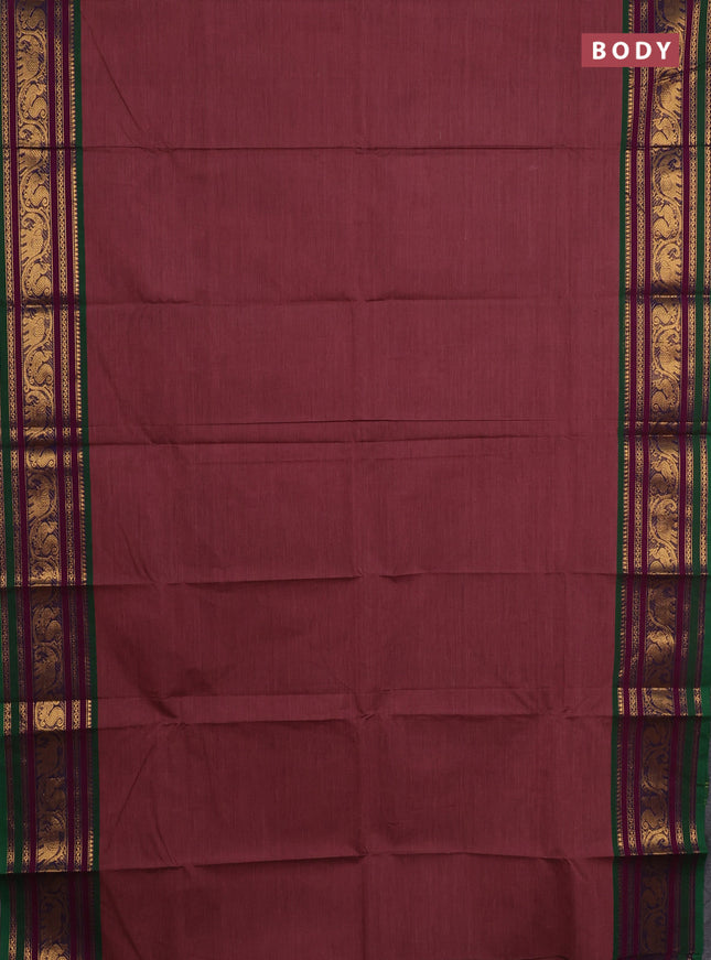 Chettinad cotton saree pastel maroon and green with plain body and zari woven border