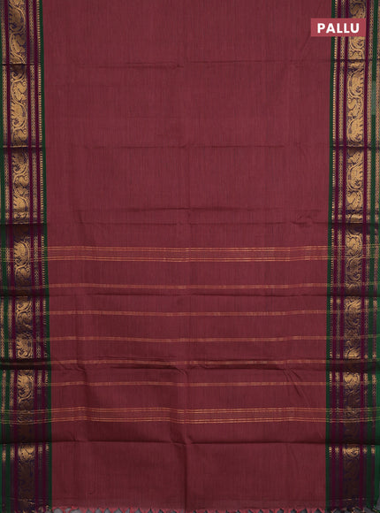 Chettinad cotton saree pastel maroon and green with plain body and zari woven border