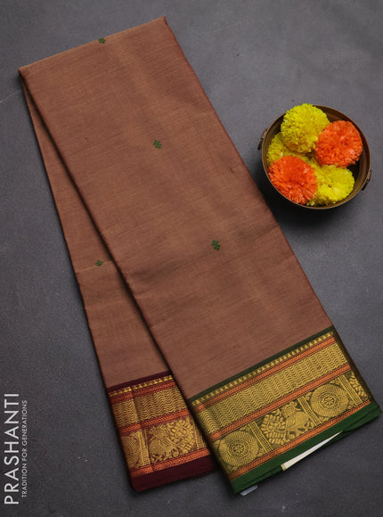 Chettinad cotton saree rust shade with thread woven buttas and ganga jamuna border