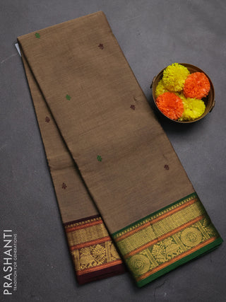 Chettinad cotton saree chikku shade with thread woven buttas and ganga jamuna border