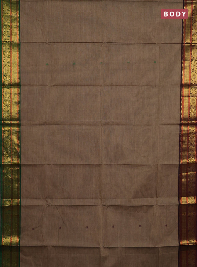 Chettinad cotton saree chikku shade with thread woven buttas and ganga jamuna border