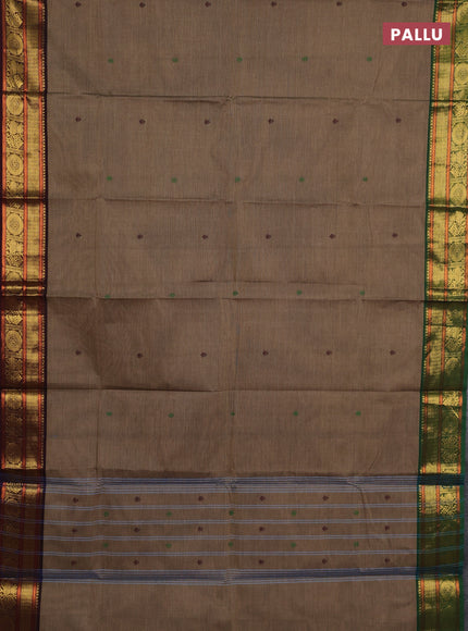 Chettinad cotton saree chikku shade with thread woven buttas and ganga jamuna border