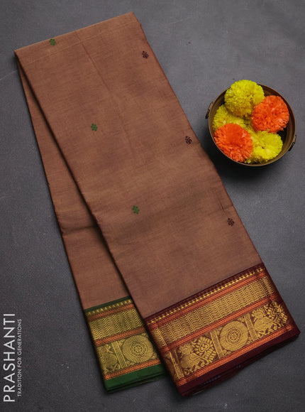 Chettinad cotton saree chikku shade with thread woven buttas and ganga jamuna border