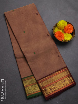 Chettinad cotton saree chikku shade with thread woven buttas and ganga jamuna border