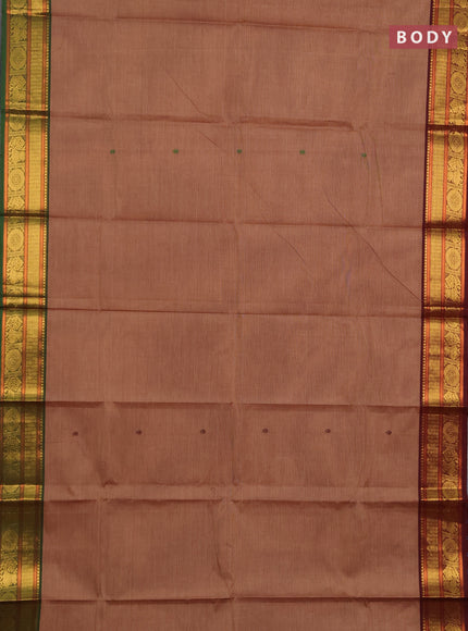 Chettinad cotton saree chikku shade with thread woven buttas and ganga jamuna border
