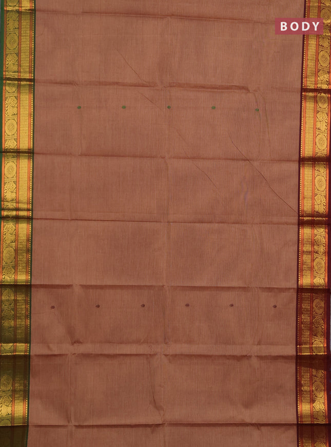 Chettinad cotton saree chikku shade with thread woven buttas and ganga jamuna border