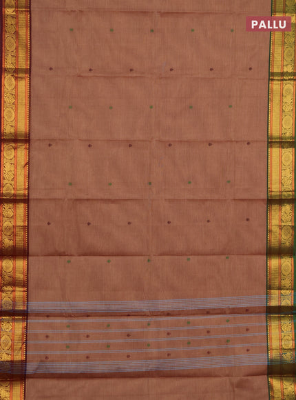 Chettinad cotton saree chikku shade with thread woven buttas and ganga jamuna border