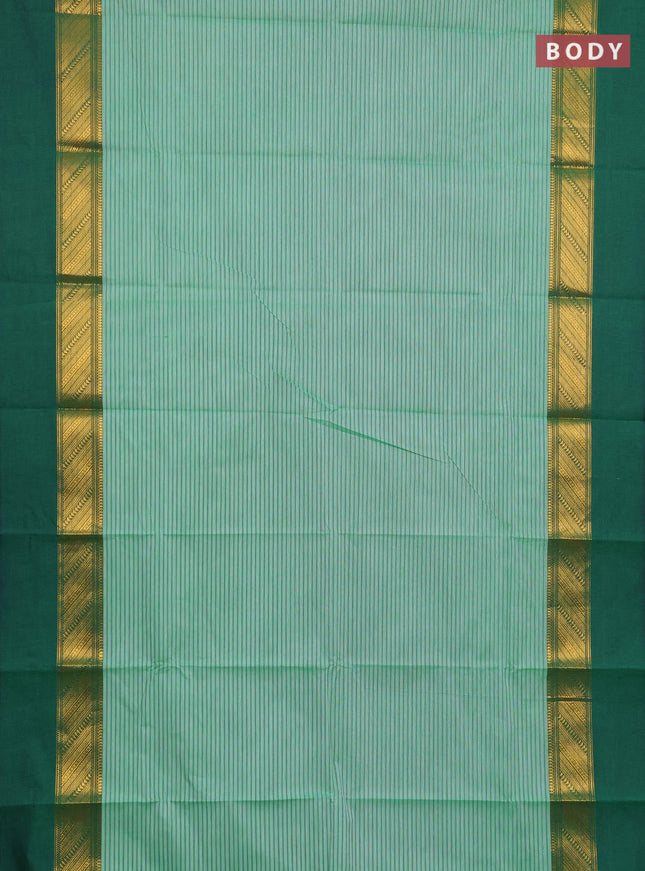Chettinad cotton saree light green and bottle green with allover thread weaves and long zari woven simple border
