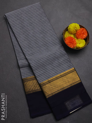 Chettinad cotton saree grey and navy blue with allover thread weaves and long zari woven simple border
