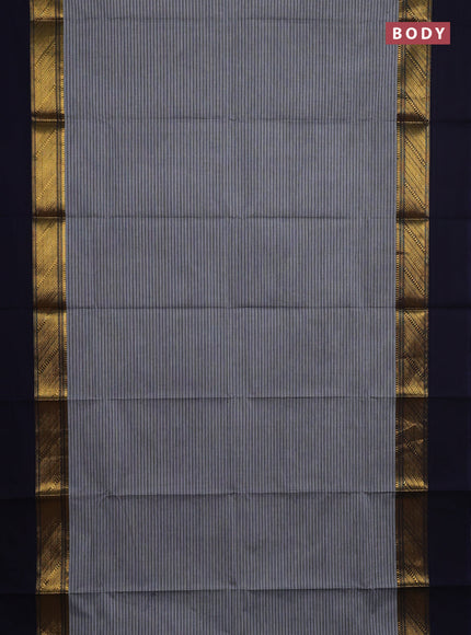Chettinad cotton saree grey and navy blue with allover thread weaves and long zari woven simple border