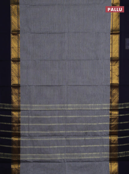 Chettinad cotton saree grey and navy blue with allover thread weaves and long zari woven simple border