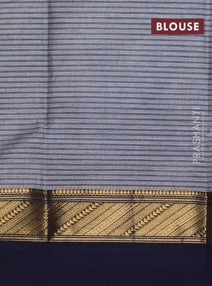 Chettinad cotton saree grey and navy blue with allover thread weaves and long zari woven simple border