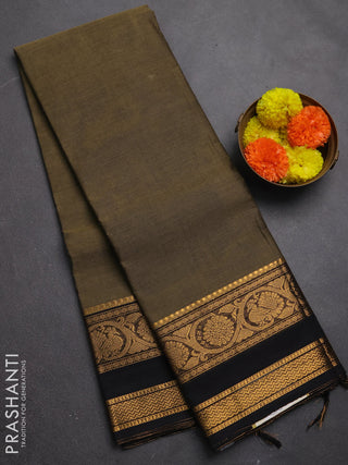 Chettinad cotton saree elaichi green and black with plain body and rettapet zari woven border