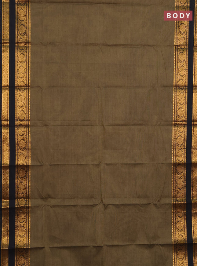 Chettinad cotton saree elaichi green and black with plain body and rettapet zari woven border