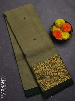 Chettinad cotton saree elaichi green and bottle green with thread woven buttas and long zari woven border